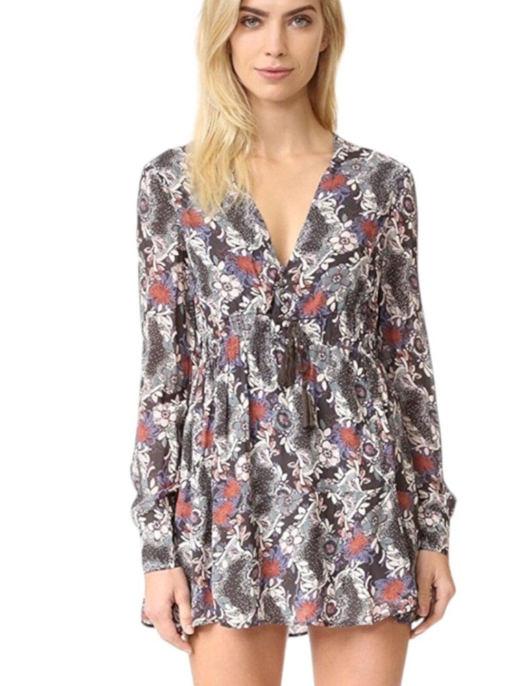 Free People Stealing Fire Black Floral Long Sleeve Drawstring Mini Dress